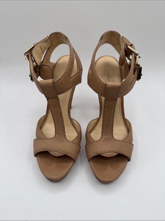 Country Road Shoes - Country Road Tan Leather T Strap Ankle Buckle Heels Block Stiletto Size 38